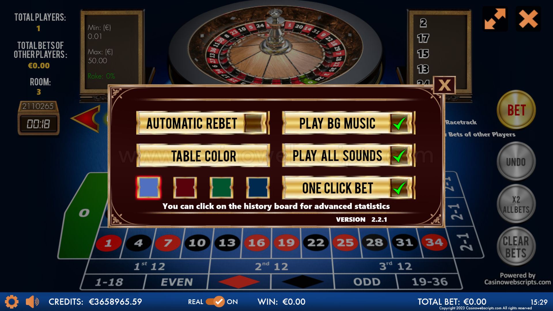 Multiplayer European Roulette 3D Advanced - HTML5 Mobile and PC - Preview