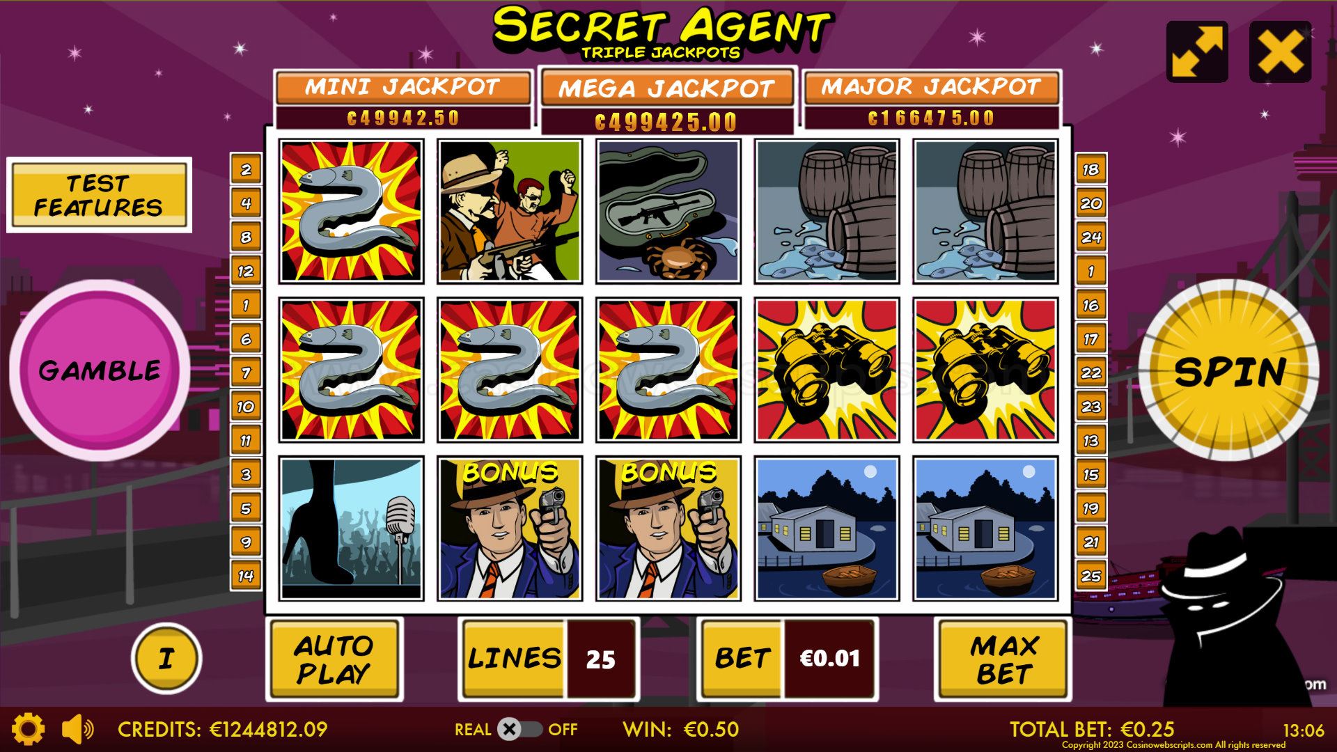 Secret Agent Triple Jackpot HTML5 Mobile and PC - Main Screen
