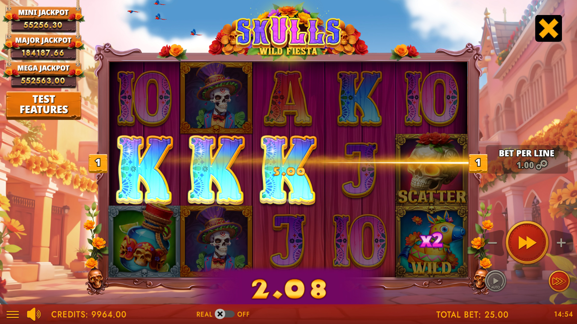 Skulls Wild Fiesta main game screen with Day of the Dead symbols