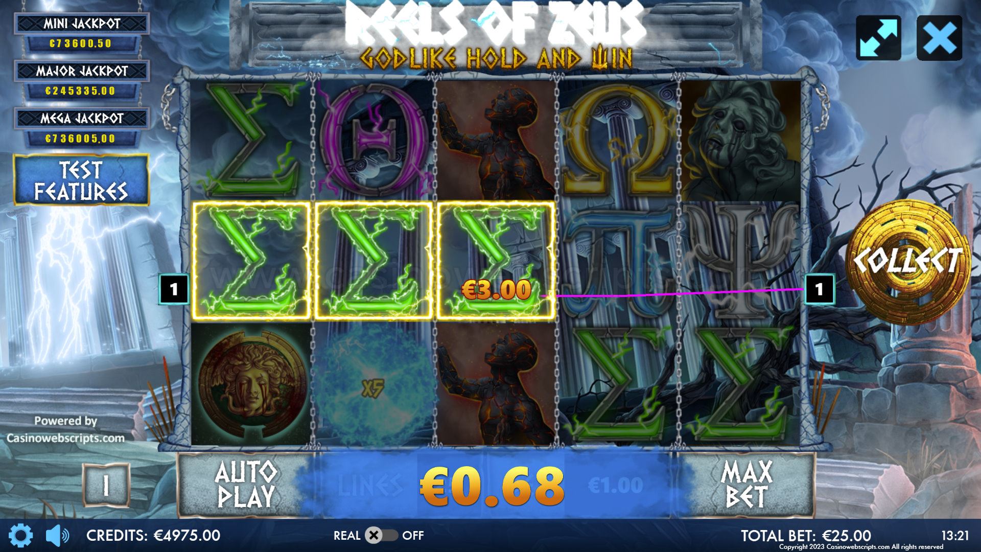 Reels of Zeus win display with expanding wild active on the center reel