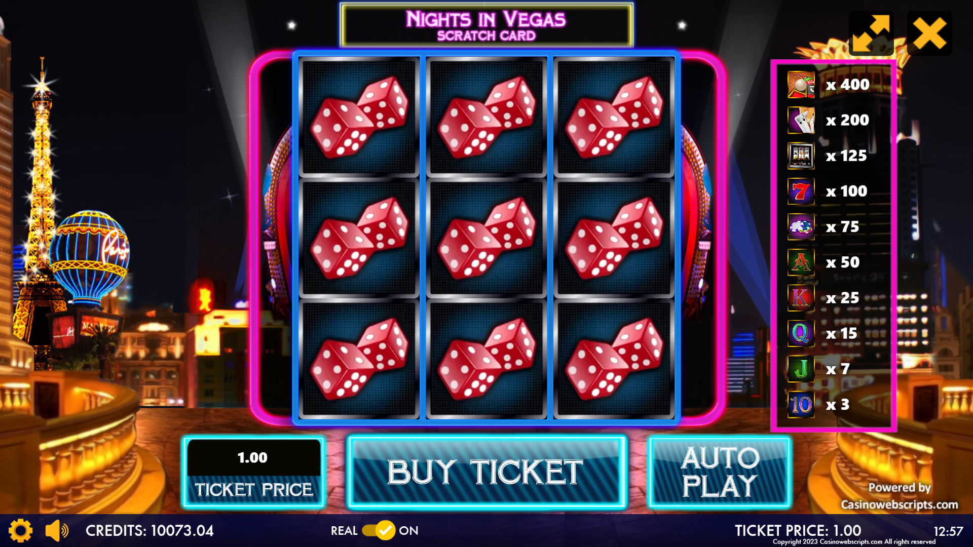 Nights in Vegas Jackpot Scratch Card - Preview