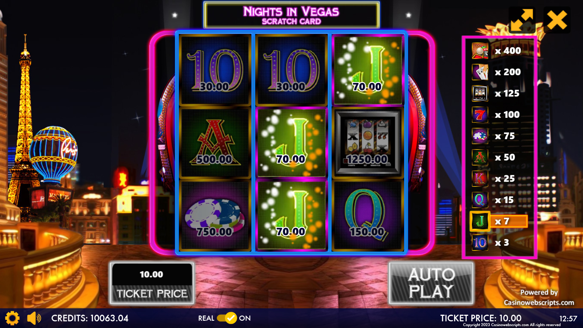 Nights in Vegas Jackpot Scratch Card - Preview